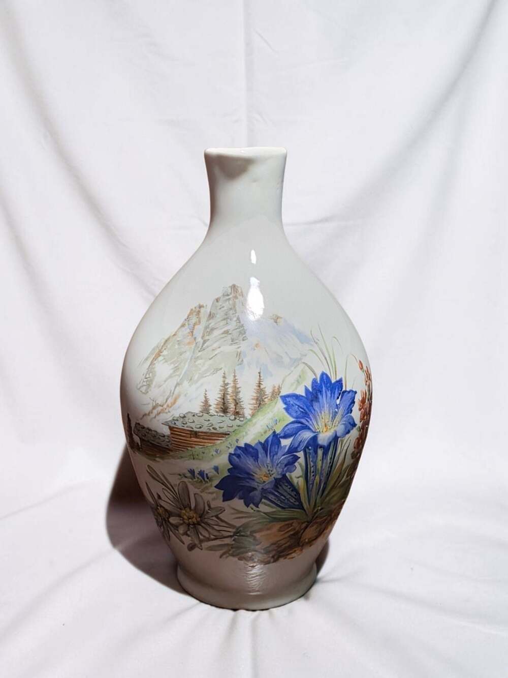 Porcelain Jug Pitcher w/ Painted Mountain Scene Marked Mind. Jnh 0.3501